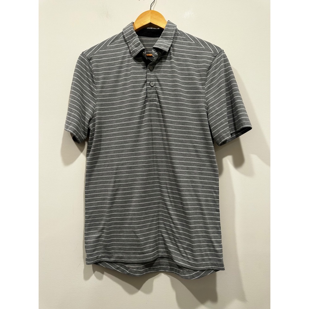 Lululemon Evolution Polo Shirt Mens Grey White Striped Short Sleeve Golf Top
